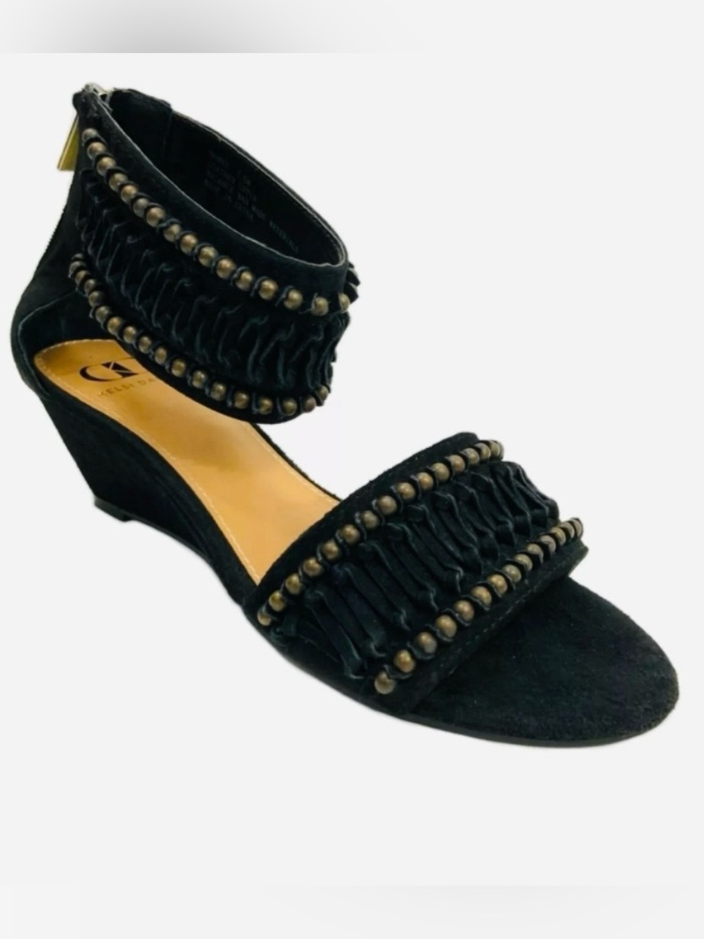 NEW Kelsi Dagger Bowen Black Wedge Sandals with Bronze Metal Accents, 7.5